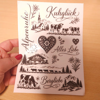 Rub-On Kuhglück – Alpenbogen mit Schriftzügen zum Übertragen