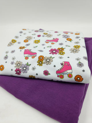 Stoffpaket 2 m Rollschuhe & Violett – Baumwolljersey und sandgewaschene Webware im Detail
