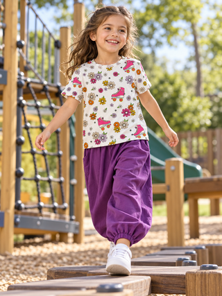 Nähidee Stoffpaket Rollschuhe & Violett – Kinder-T-Shirt mit Rollschuhen und Pumphose in Violett