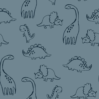 French Terry Stoff - Dinos auf Petrolblau