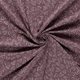 Baumwolljersey Stoff mit skizziertem Herzmuster in Mauve und Weiss – weiche Jerseyqualität