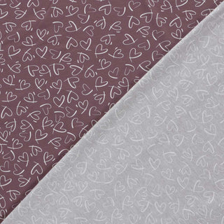 Baumwolljersey Stoff mit skizziertem Herzmuster in Mauve und Weiss – weiche Jerseyqualität