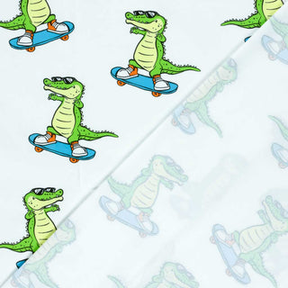 Baumwolljersey Stoff – Krokodil auf Skateboard