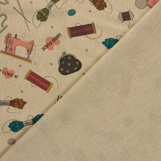 Canvas Stoff Vintage Nähutensilien auf Beige