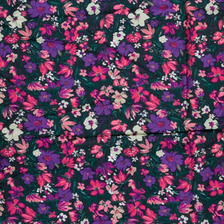 Viskose Ottoman Stoff – Blumen in Fuchsia und Violett auf Dunkelgrün – Ansicht 2