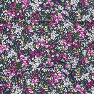 Viskose Popeline Stoff Blumenwiese in Pink und Weiss auf Marineblau – Stoff im Detail