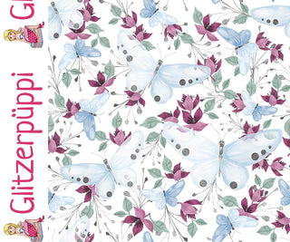 French Terry Stoff - Zarte Schmetterlinge und Blüten in Weiss