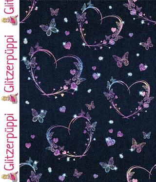 French Terry Stoff - Glitzernde Herzen und Schmetterlinge auf Jeansblau