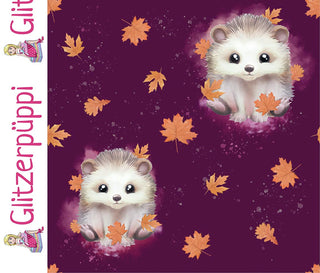 French Terry Stoff - Niedliche Igel im Herbstlaub auf Aubergine