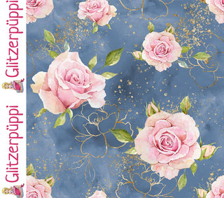 French Terry Stoff - Romantische Rosen auf Taubenblau