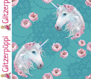 French Terry Stoff - Zauberhaftes Einhorn mit Rosen auf Mint