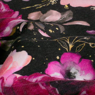 Heavy Sweat Stoff mit opulenten Rosen auf Schwarz