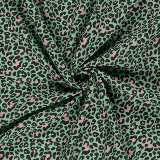 Musselin Stoff – Leopardenmuster in Rosa und Schwarz auf Mint – Ansicht 3