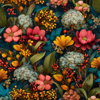 French Terry Stoff – Blumenmuster Dunkelblau Rosa