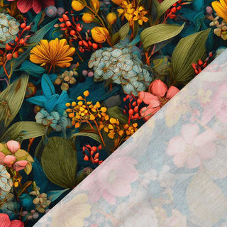 French Terry Stoff – Blumenmuster Dunkelblau Rosa