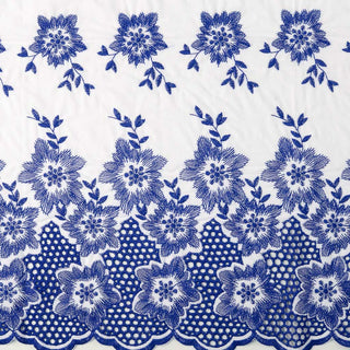 Baumwoll Spitzen Bordüren Stoff - Blaue Stickereien auf Weiss