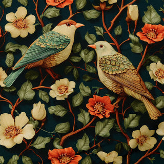 French Terry Stoff - Romantische Vögel & Blüten auf Dunkelblau