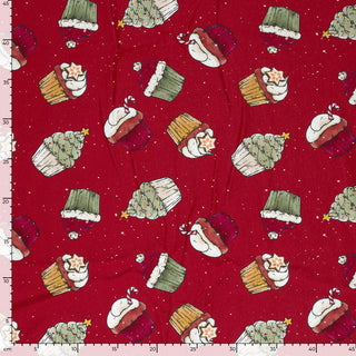 French Terry Stoff - Weihnachts-Cupcakes auf Rot