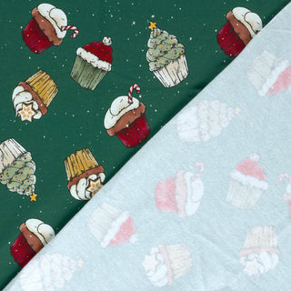 French Terry Stoff - Weihnachts-Cupcakes auf Tannengrün