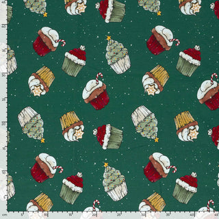 French Terry Stoff - Weihnachts-Cupcakes auf Tannengrün