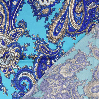 Satin Stoff Paisley Royalblau auf Türkis – Vorder- und Rückseite