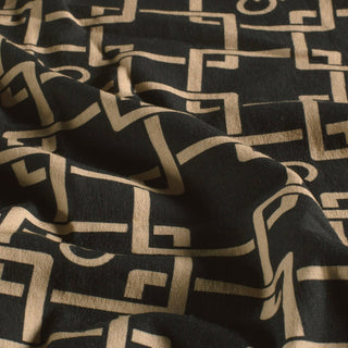 French Terry Stoff mit grafischem Retromuster in Schwarz und Camel