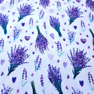 Baumwoll Canvas Stoff - Lavendel & Herzen auf Weiss