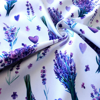 Baumwoll Canvas Stoff - Lavendel & Herzen auf Weiss