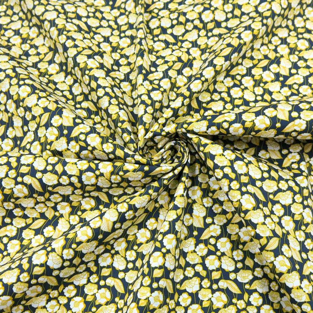 Baumwollstoff Popeline – Gelbe Blumen auf Petrol – Stoffrestposten