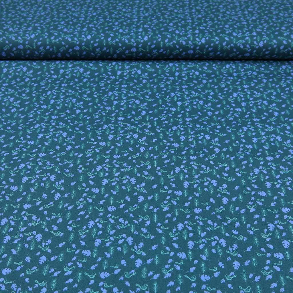 Baumwollstoff Popeline Blätter Vögel auf Petrol – Stoffrestposten