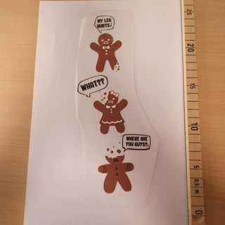 Bügelbild – Lebkuchenmännchen «My leg hurts» hochkant – Grösse ca. 9 × 22 cm mit Massband