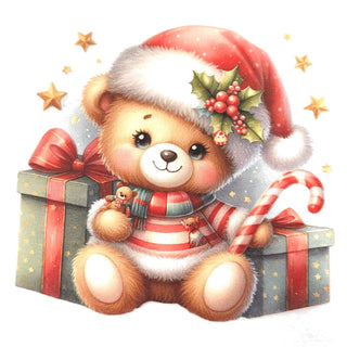 Bügelbild – Teddy mit Geschenk und Zuckerstange