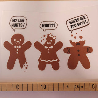 Bügelbild – Lebkuchenmännchen «My leg hurts» quer – Grösse ca. 18 × 11 cm mit Massband
