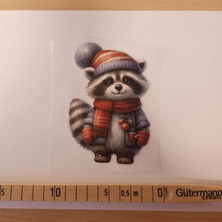 Bügelbild – Waschbär mit Schal und Mütze – Grösse ca. 7 × 12 cm mit Massband