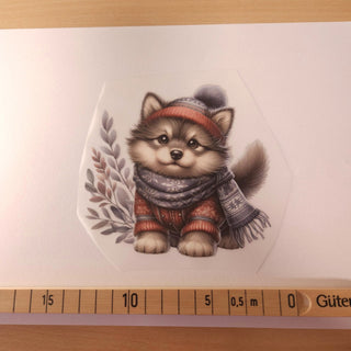 Bügelbild – Husky-Welpe mit Schal – Grösse ca. 11 × 10 cm mit Massband