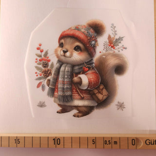 Bügelbild – Eichhörnchen mit Tasche – Grösse ca. 12 × 13 cm mit Massband