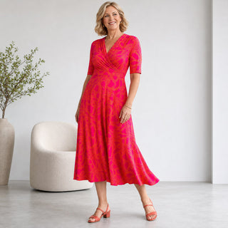 Viskose Jersey Stoff – Blumenlinien Pink & Orange