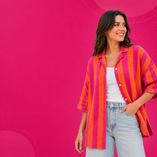 Musselin Stoff - Pink/Orange Blockstreifen