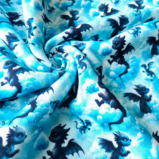 Sweat Stoff - Türkis mit Drachen & Wolken