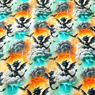 Sweat Stoff - Türkis-Orange mit Drachen