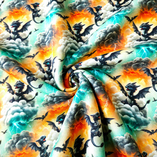 Sweat Stoff - Türkis-Orange mit Drachen