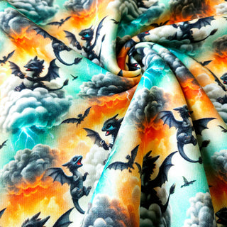 Sweat Stoff - Türkis-Orange mit Drachen