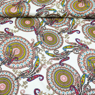 Viskosesatin Stoff - Bunter Paisley auf Ecru