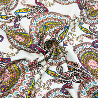 Viskosesatin Stoff - Bunter Paisley auf Ecru