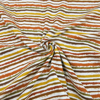Musselin Stoff mit herbstlichen Pinselstreifen in Braun, Orange und Senfgelb – Oeko Tex zertifiziert, ideal für Kleidung, Accessoires und Babyartikel