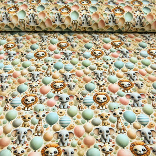 Bio Jersey Stoff – Safari-Tiere & Ballons in Pastell