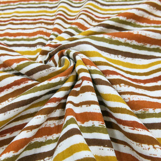 Musselin Stoff mit herbstlichen Pinselstreifen in Braun, Orange und Senfgelb – Oeko Tex zertifiziert, ideal für Kleidung, Accessoires und Babyartikel