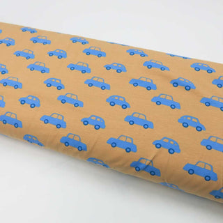 Baumwolljersey Stoff – Blaue Autos auf Beige