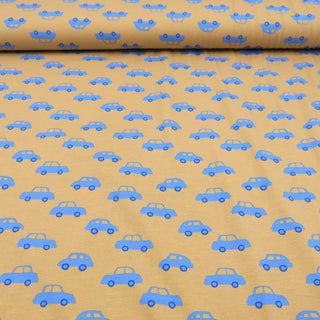 Baumwolljersey Stoff – Blaue Autos auf Beige