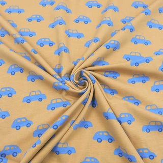 Baumwolljersey Stoff – Blaue Autos auf Beige